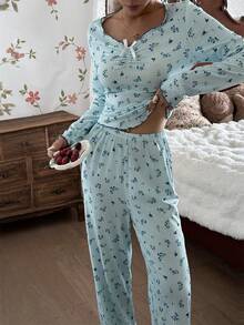 CottageSlumber Women's Pajama Set, Blue Romantic Ditsy Floral, Ribbed Ruffle Trim, Casual Loungewear Light Blue Pajama Set Fall Winter Clothes - Blue - View 8