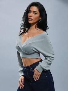 Denimoi Off Shoulder Washed Drop Shoulder Casual Crop Sweatshirt - Grey - View 5