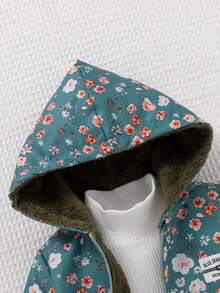 SHEIN Vintaside Kids 復古牛仔女孩可愛碎花連帽夾克 嬰兒女寶寶拉鍊開合保暖內裡休閒時尚冬季外套 新生女嬰 - 綠色 - 查看 7