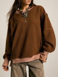 SoleilVie Women's Fleece Crew Neck Sweatshirt,Autumn Boho Casual Pink And Brown Contrast Color Slit Hem Loose Retro Warm Plush Dropped Shoulder Sweatshirt - Brown - View 6