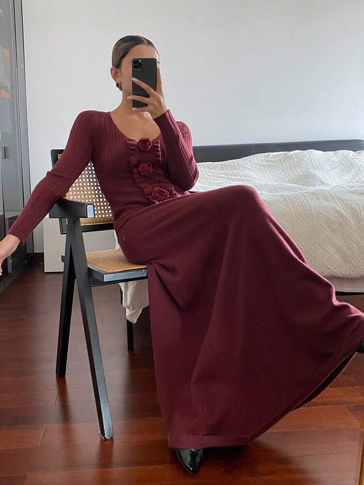 Women's Loose Business Casual Elegant Knit Sweater And Straight Skirt 2 Pieces Set, Autumn/Winter
