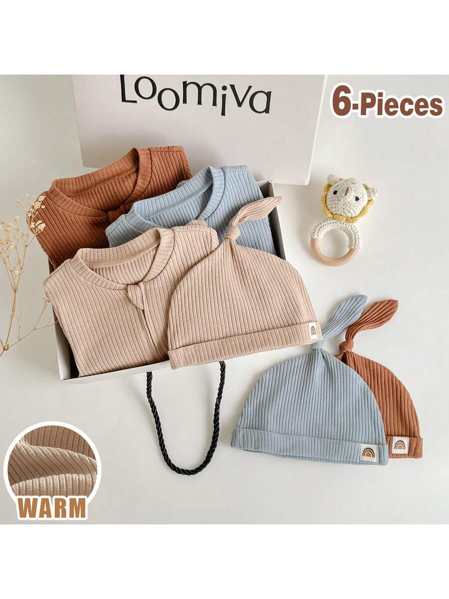 Loomiva 6pcs/Set Newborn Baby Boy/Girl Simple Solid Color Casual Outfit Gift Set, Romper, Hat - Multicolor - View 1
