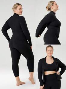 GLOWMODE FeatherFit™ Plus Size Slim-It Streamline Performance Secure Pockets Zip Up Jacket Low Impact Yoga Pilates Daily Fall - Black - View 9