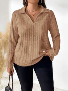 EMERY ROSE Plus Size Women's Solid Color Long Sleeve Ribbed Casual Loose T-Shirt, Autumn - Khaki - View 4