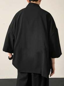 Claim Dot Men's Solid Color Drop Shoulder Shirt, Baggy Long Sleeve Linen Plain Black Shirt, For Fall - Black - View 2