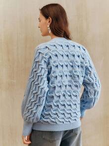 Anewsta Elegant Merino Wool Hollow Out Cable Knit Crew Neck Long Sleeve Sweater For Women, Suitable For Fall, Winter, Spring, New Year, Party, Wedding - Blue - View 4