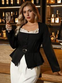 SHEIN Clasi Plus Size Women Solid Color Long Sleeve Vintage Square Collar Full Button Closure A-Line Pleated Ruffle Contrast Trim Elegant Everyday Versatile Blazer - Black - View 6