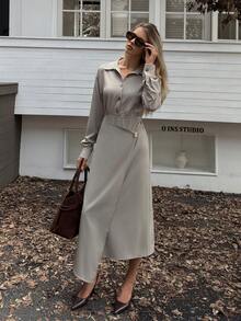 Elyressa 女式衬衫领束腰裹身连衣裙 - 淺灰色 - 查看 7