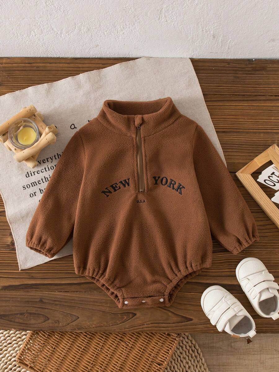 Baby Girl Autumn/Winter English Letter Embroidery Casual Bodysuit, Fashion Must-Have Outfit Mocha Baby Clothes - Brown - View 1