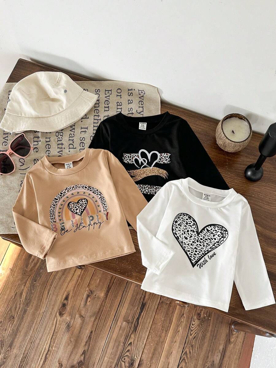 SHEIN 3 piezas Camiseta de manga larga con estampado de letras de ajuste ceñido para niñas, conjunto versátil y casual dulce, otoño - Multicolor - View 1
