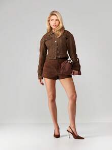 MISSGUIDED Quần short da lộn cạp cao cho nữ thời trang thu đông dài đến giữa đùi phong cách cổ điển - Cà phê nâu - Xem 4