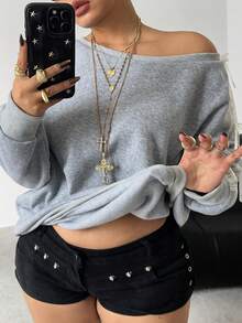 POPSWAY Plus Size Women Bow Decor Korean Style Oblique Collar Loose Casual Sweatshirt - Light Grey - View 1