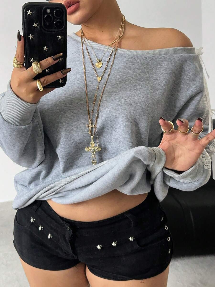POPSWAY Plus Size Women Bow Decor Korean Style Oblique Collar Loose Casual Sweatshirt - Light Grey - View 1