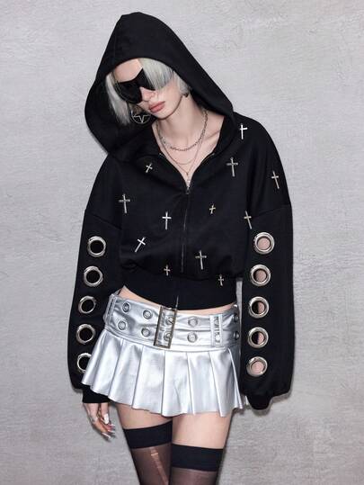 ROMWE Avant Sweat-shirt à capuche ample avec décoration de croix pour femmes, style streetwear Y2K