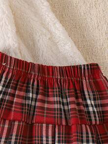 Elladie kids Young Girls Cute Bow & Cherry Blossom Plush White Top Paired With Red Plaid Pleated Skirt Sweatshirt Set