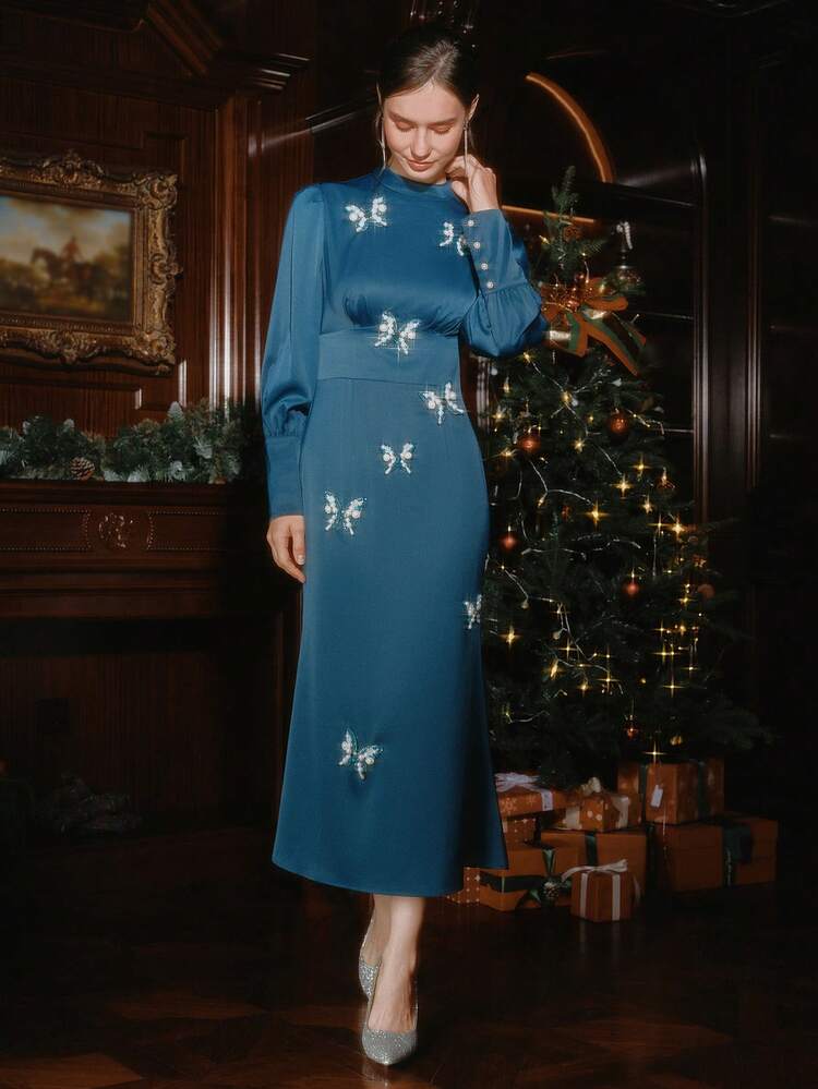 Elegant Satin Waist-Cinched Butterfly Decor Dress, Flattering Silhouette