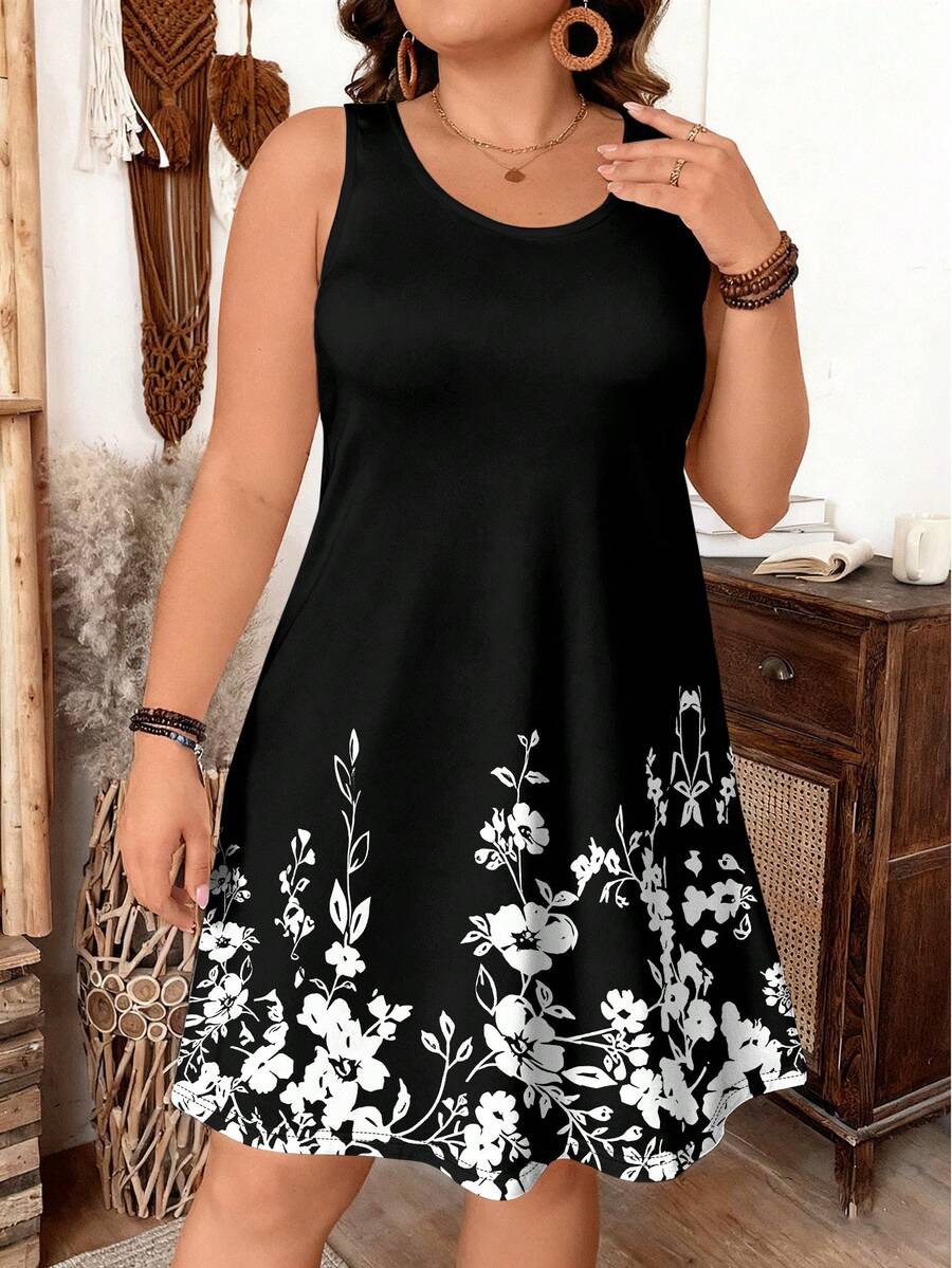 EMERY ROSE Plus Size Black Floral Print Comfortable Casual Dress - Multicolor - View 1