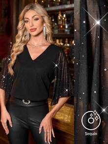 SHEIN Clasi Maglietta casual con scollo a V, decorata con paillettes, con balze, maniche corte, per donna, colore nero, adatta per feste, Natale e Capodanno