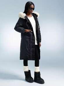 New Fashionable Hooded Loose Overcoat, Horn Button Fur Collar Mid-Long Padded Coat For Women - Black - View 4