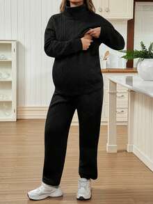 SHEIN 两件套孕妇休闲哺乳上衣和裤子套装，秋冬 - 黑色 - 查看 7