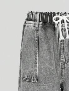 SHEIN Explorewe Teen Girls' Light Blue Washed Denim Casual Versatile Comfortable Bow Decor Drawstring Elastic Waist Pockets Wide Leg Jeans Suitable For All Seasons, This Straight-Leg, Loose-Fitting Design Features A Drawstring Waist, Delicate Pockets, And A Simple, Comfortable, And Versatile Style. - Light Grey - View 5