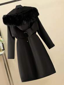 EMERY ROSE Jaqueta de Inverno Plus Size com Cordão na Cintura, Botões Decorativos nas Costas, Casaco Parka com Zíper, Capuz de Pele Sintética - Preto - Visão 2