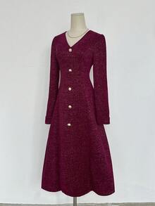 GlowEve Metallic Texture V-Neck Long Sleeve Cinched Waist A-Line Party Dress For Women, Autumn/Winter - Burgundy - View 4