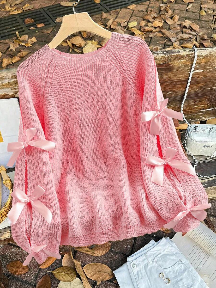 Firerie Plus Size Loose Knit Sweater With Hollow Bow Knot Decor, Plus Size Cute Fall Pullover In Beige/Winter Pink - Pink - View 1