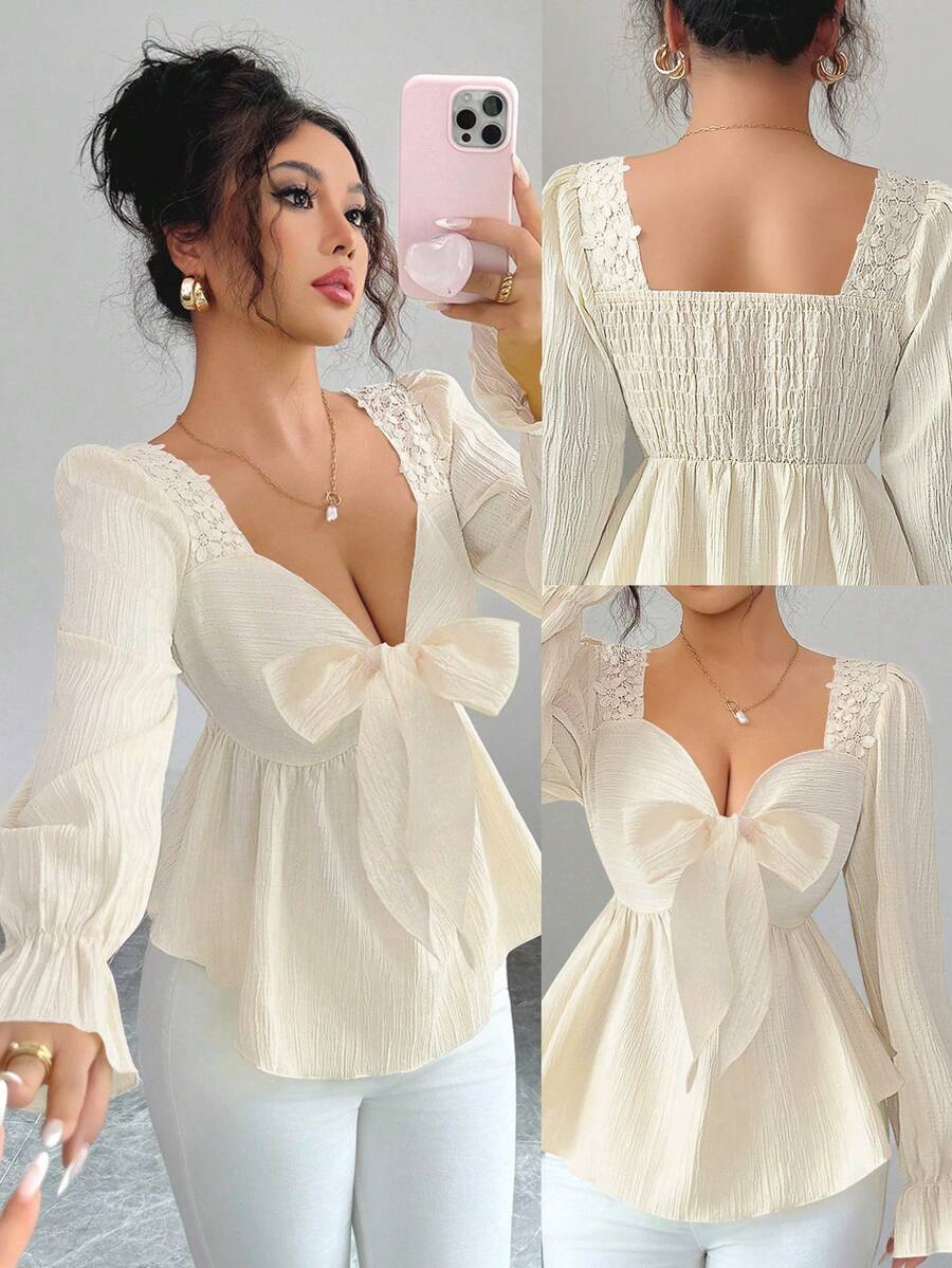 Elenzga 春秋季女式泡泡袖奶油黄纹理面料衬衫，新款法式优雅蝴蝶结系带Y2K甜美胸前蝴蝶结A字型长袖衬衫，适合日常、通勤和度假穿着。 - 杏色 - 查看 1