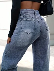 SAYEHFBABY Quần denim ống rộng dáng rộng thông thường dành cho nữ có túi để mặc hàng ngày - Rửa tối - Xem 4