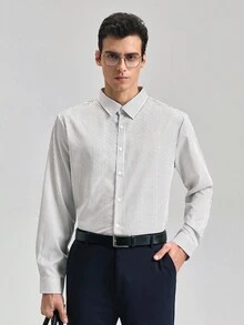 Officeau 男士正装商务休闲条纹印花长袖衬衫，秋季复古男士白色正装衬衫，春夏皆宜 - 白色 - 查看 2