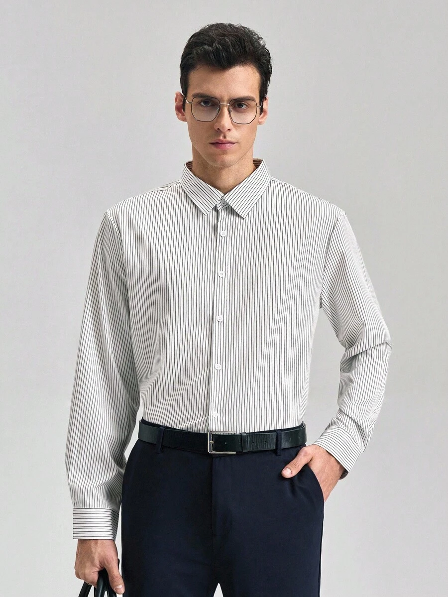 Officeau 男士正装商务休闲条纹印花长袖衬衫，秋季复古男士白色正装衬衫，春夏皆宜