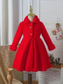 Abrigo de lana con mezcla de piel sintética de unicolor con parches y dobladillo acampanado para niña, otoño/invierno