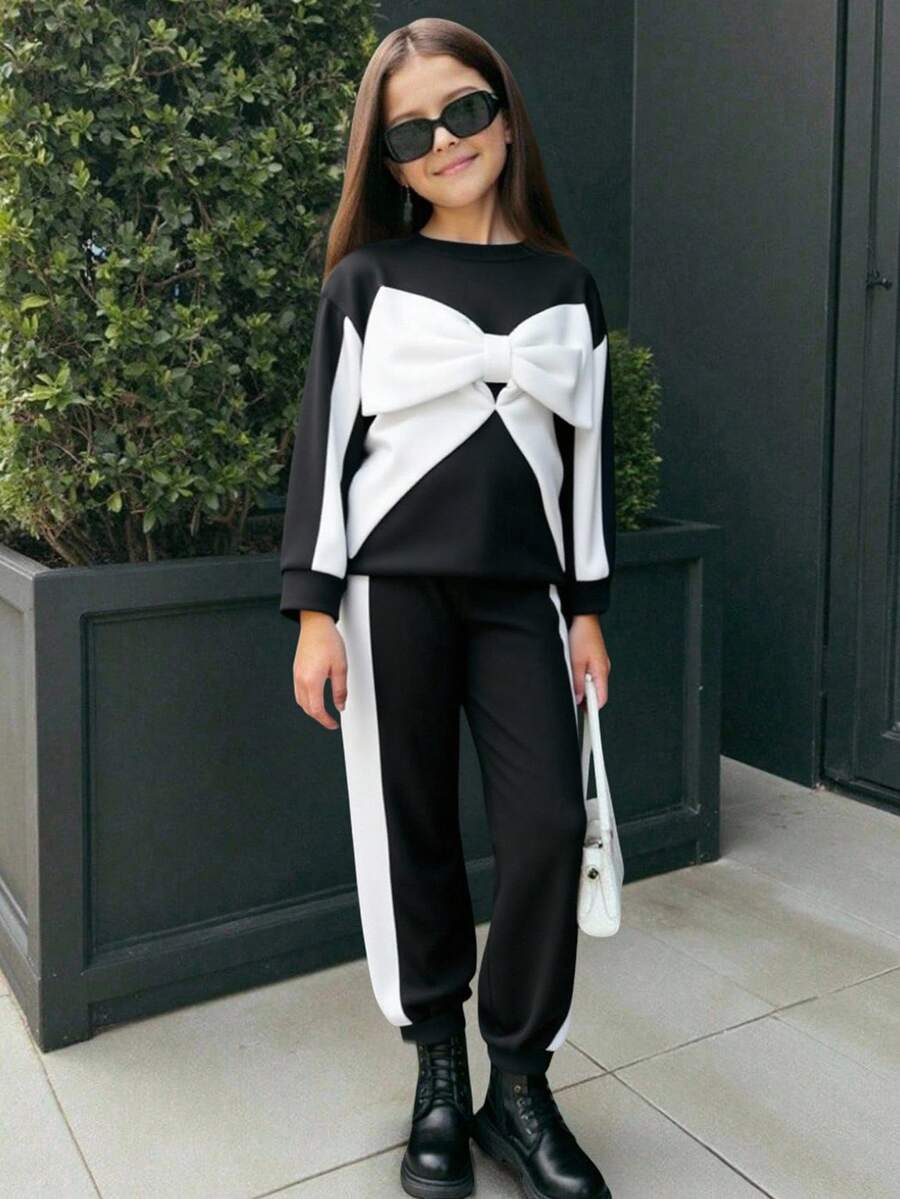 Elladie kids 2pcs Girls Casual All-Match Round Neck Long Sleeve Sweatshirt + Loose Pants Set, Sleeve Bow & Patchwork Design Fall Winter - Black and White - View 1