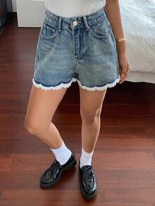 DAZY Women's Contrast Color Lace Patchwork Denim Shorts, Casual Summer Shorts Y2k Jorts - Medium Wash - View 4