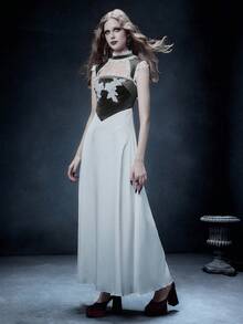 Glisette Vintage Elegant Hollow Lace Trim High Neck Midi Dress For Women - Multicolor - View 6