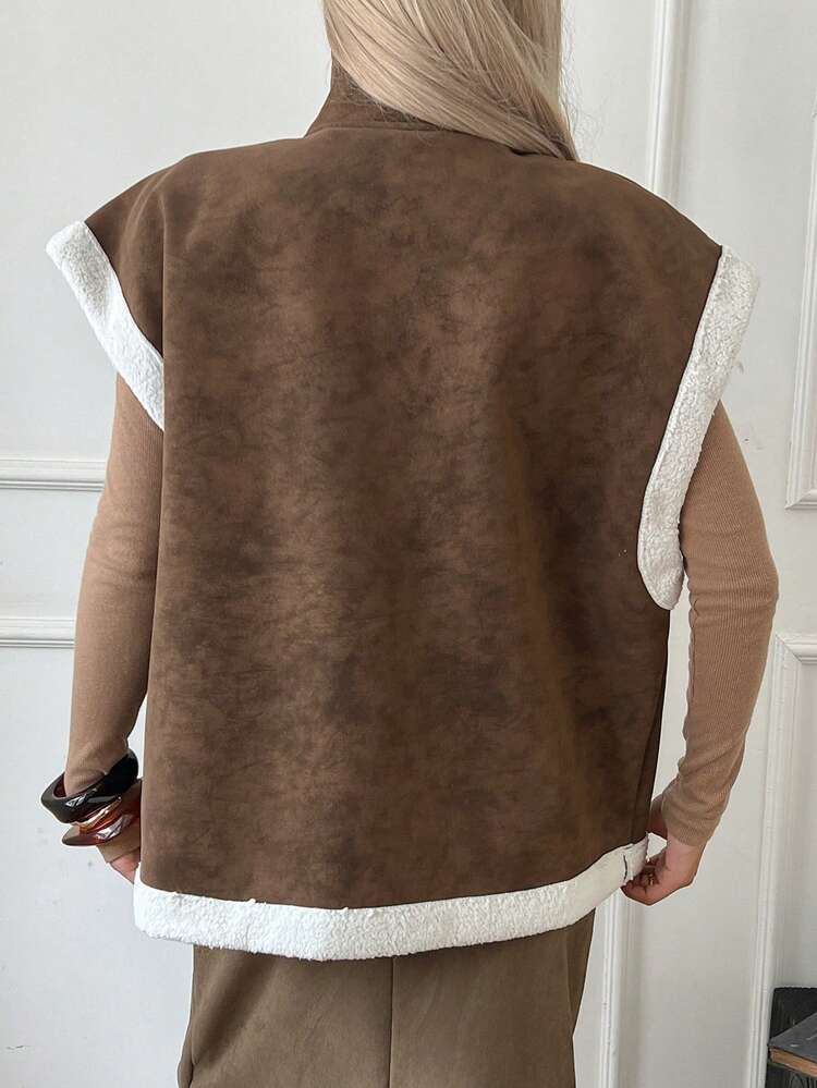 Women's Autumn/Winter Loose Fit Sherpa Fleece Vest, Business Casual Street Style Stand Collar Jacket, Regular Outerwear Women Coats