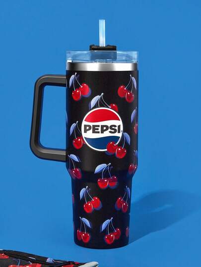 PEPSI X SHEIN Garrafa de água fria com desenho animado de 1200ml/40oz em aço inoxidável, com canudo, adequada para água quente e bebidas frias