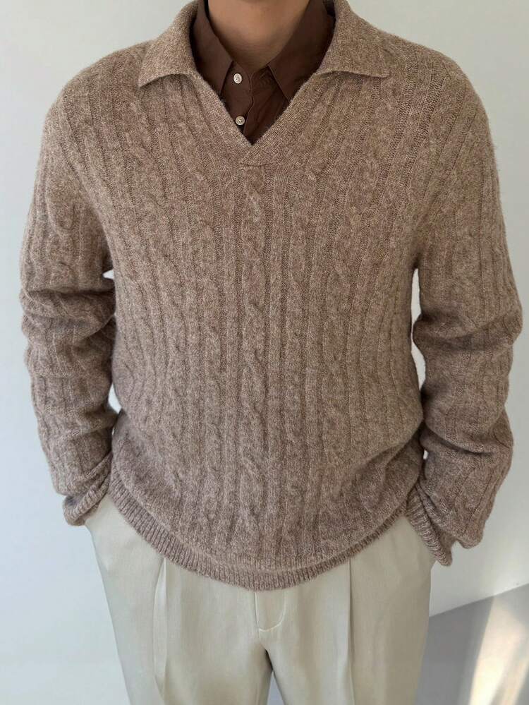 Solid Color Polo Collar Cable Knit Design Men Sweater, Autumn