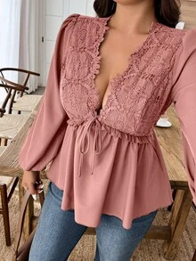 Weeklong Plus Size Women Contrast Lace V-Neck Tie Front Lantern Sleeve Ruffle Hem Sexy Blouse - Dusty Pink - View 3