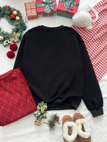 SHEIN Unity 黑色圣诞树印花宽松圆领长袖卫衣，秋冬 - 黑色 - 查看 2