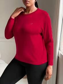 SHEIN Sports Ropa deportiva de manga larga con estampado frontal sin costuras para mujer talla grande - Rojo - Ver 5