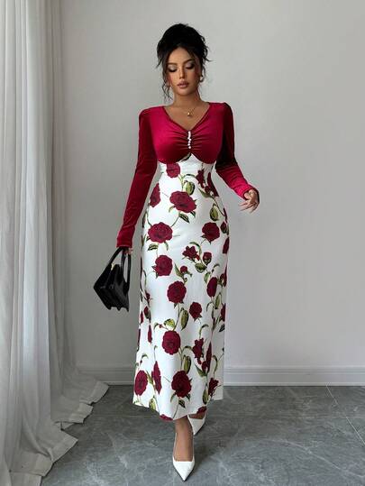 Elenzga Women's Heart Neck Velvet Patchwork Rose Floral Beaded Decor Long Sleeve Maxi Dress, Romantic Elegant Party Cocktail Vacation Everyday Wear, Autumn