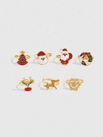 Kawaii 7 pièces Ensemble de bagues réglables de Noël mode et mignonnes, cadeau de vacances