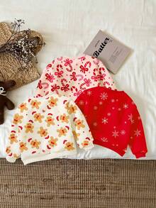 3pcs/Set Baby Girl Autumn Red Christmas Sweatshirts,Funny Graphic Reindeer Gingerbread Man Bow Print Long Sleeve Pullover Tops,Birthday Leisure Wear - Multicolor - View 2