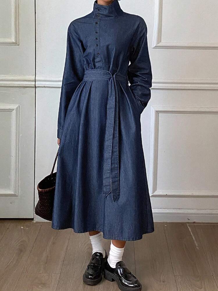 Women's Stand Collar Half-Zip Waist Belt Decor Casual Long Denim Dress