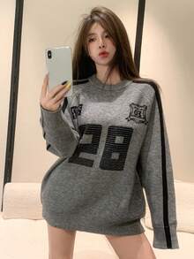 DAZY Women's Contrast Color Splicing Letter Pullover Sweater,Long Sleeve Tops,Fall Clothes - Grey - View 1