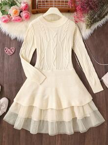 SHEIN 青少年女孩菱形图案圆领长袖网眼下摆针织连衣裙，适合居家、外出、上学、日常穿着，适合各种派对和活动，展现标志性外观 - 杏色 - 查看 7