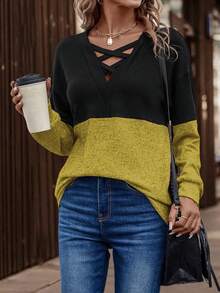 SHEIN LUNE 女式撞色交叉长袖落肩休闲宽松运动衫 - 彩色 - 查看 5
