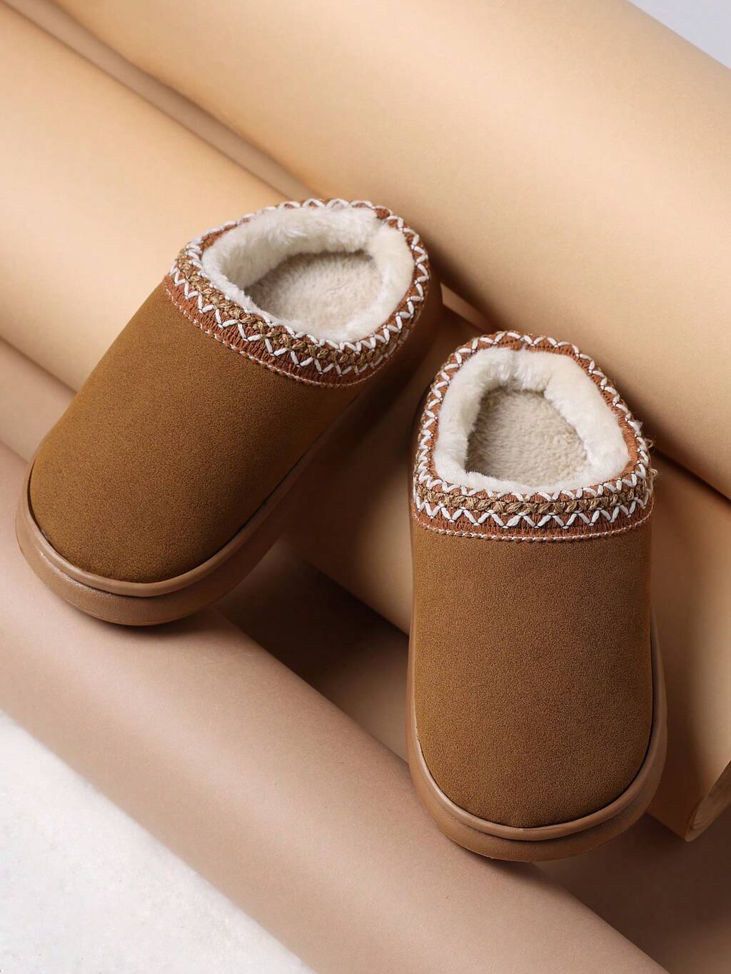 Faux Fur Lined Slip-On House Slippers With Stitch Trim